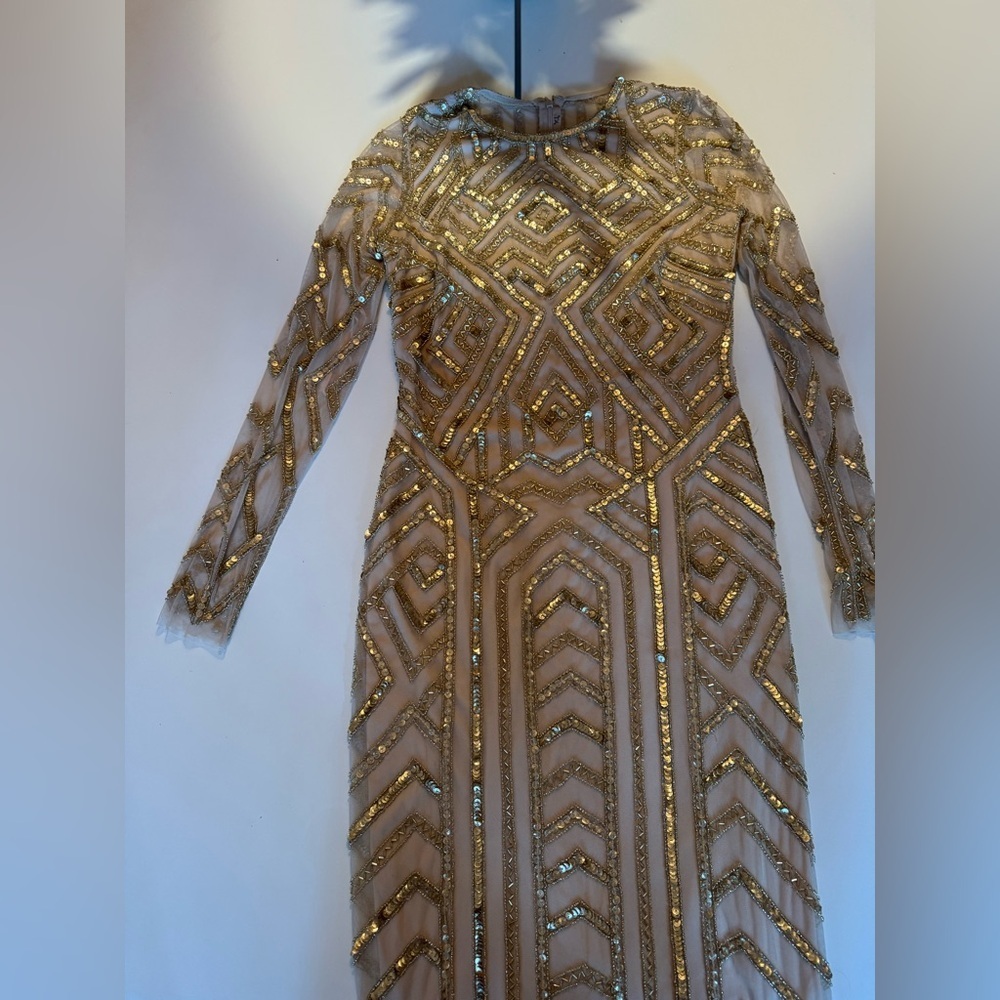 Gianni Bini Champagne Gold Geometric Long Sleeve Sequin and Beaded Dress - Picture 11 of 11
